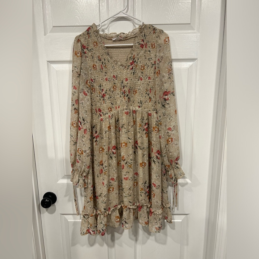 Chic Soul Beige Floral Long Sleeve Smocked Dress